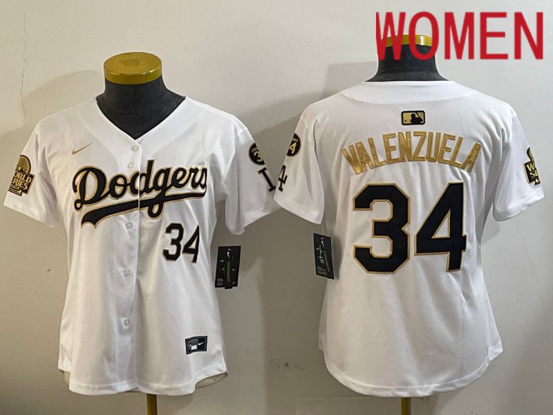 Women Los Angeles Dodgers #34 Valenzuela 2024 World series patch white jersey 202411201->women mlb jersey->Women Jersey